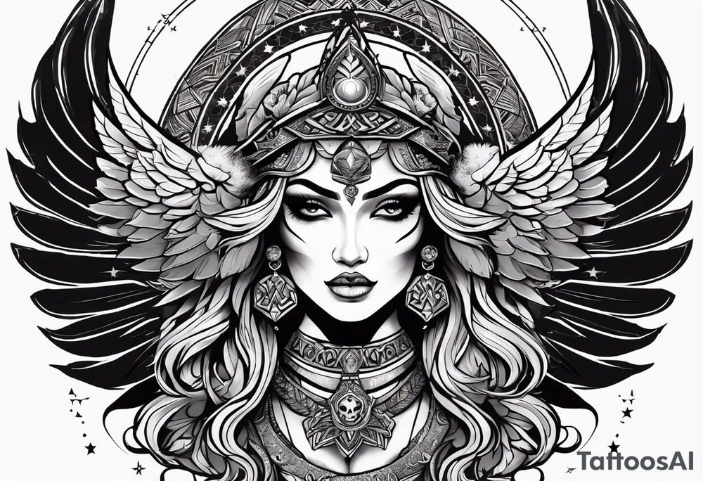 black kali, goddess pirate, alien, angel, pachamama, valkrye, warrior, flying, skull, lotus azul, wing, eagle, zenza resonance, stars, 5D, anahata chakra, death, durga, riding on a tiger, flying lady tattoo idea
