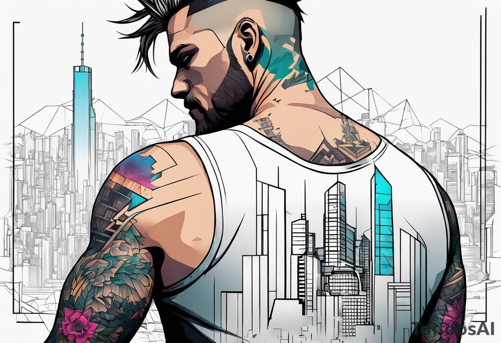 cyberpunk 2077, hand tattoo, geometric, subtle, men, city skyline tattoo idea