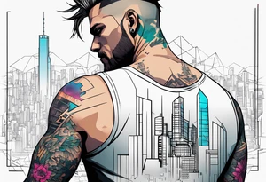 cyberpunk 2077, hand tattoo, geometric, subtle, men, city skyline tattoo idea