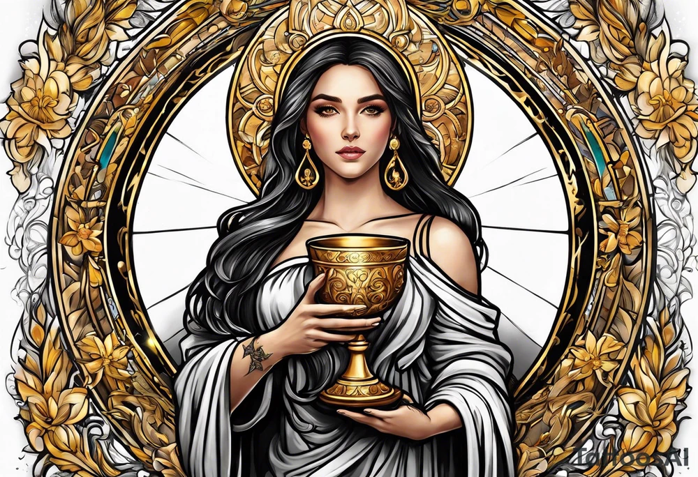 woman saint holding chalice surrounded by golden halo tattoo idea