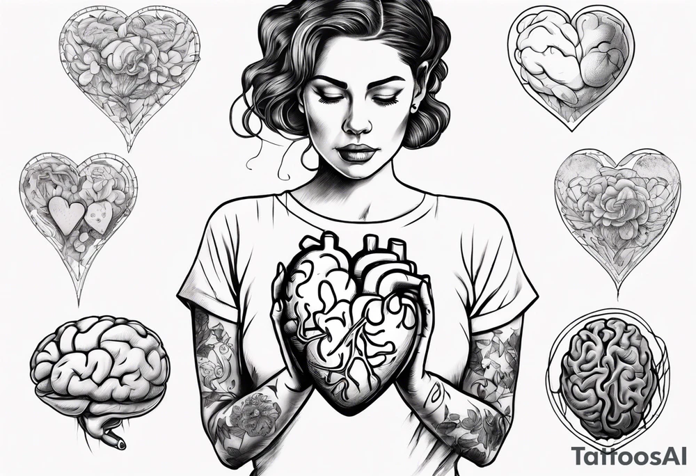 Heart and brain in line art, held down by a woman's hand holding them by string tattoo idea