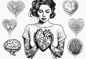 Heart and brain in line art, held down by a woman's hand holding them by string tattoo idea