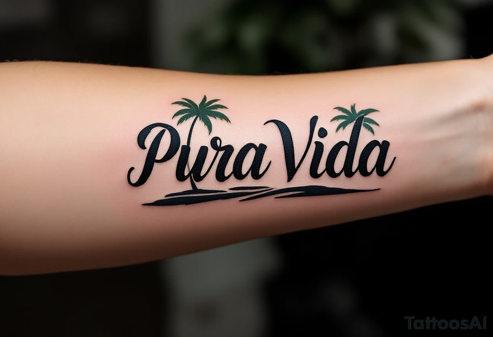 Bold serif “Pura Vida” in dark brown ink with palm tree silhouettes in deep green and sandy beige. tattoo idea