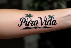 Bold serif “Pura Vida” in dark brown ink with palm tree silhouettes in deep green and sandy beige. tattoo idea