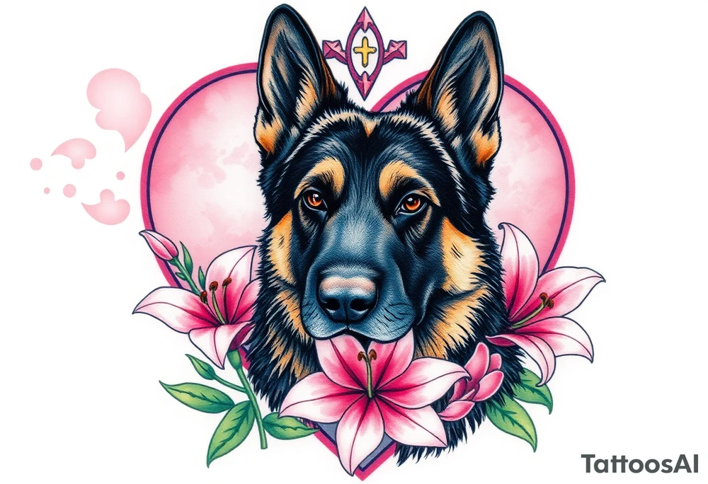 tough looking german shepherd dog with pink lily flowers in front of sacred heart tattoo idea