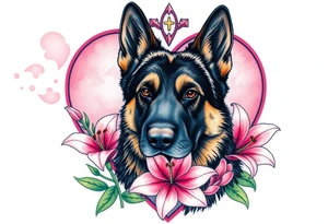 tough looking german shepherd dog with pink lily flowers in front of sacred heart tattoo idea