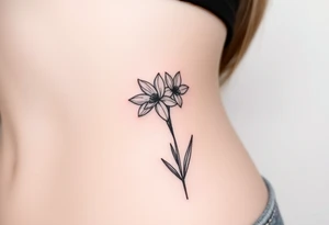 narcissus poeticus，3 flowers clustered stamen is cup-shaped,leaves are slender and dense,Showing the side view of the flower tattoo idea