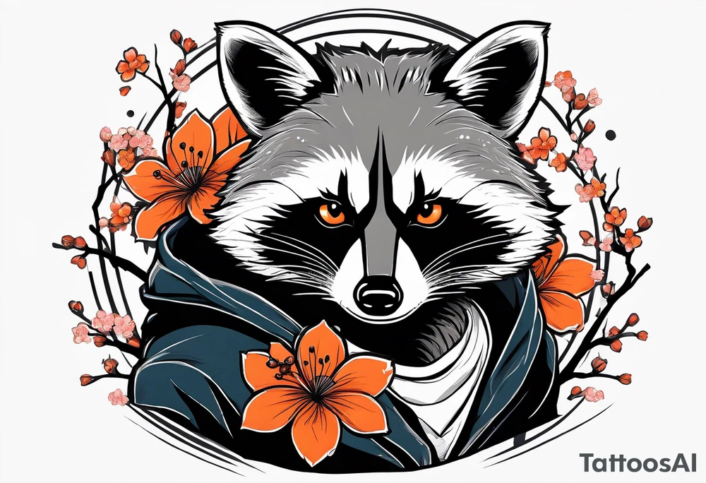Raccoon wearing a white Superman logo on a black hoodie and orange Japanese cherry blossoms beside tattoo idea