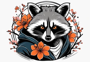 Raccoon wearing a white Superman logo on a black hoodie and orange Japanese cherry blossoms beside tattoo idea
