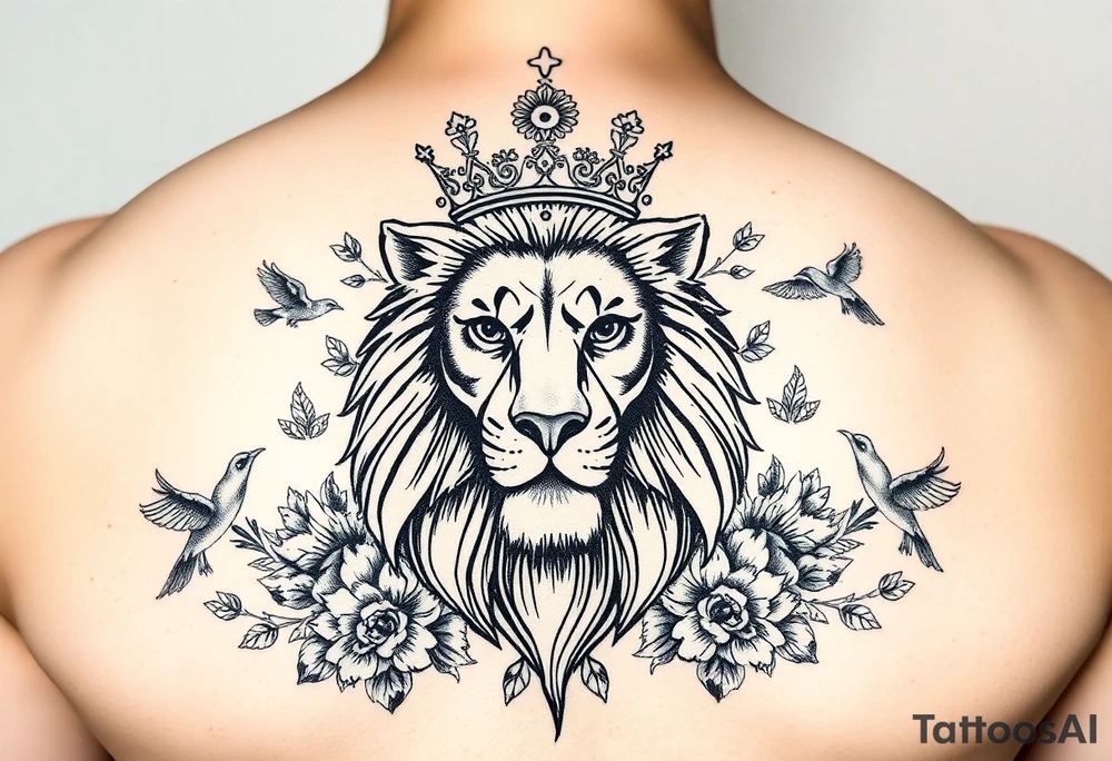 powerful majestic lion with a crown, surrounded by floral ornaments and birds tattoo idea
