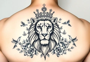 powerful majestic lion with a crown, surrounded by floral ornaments and birds tattoo idea