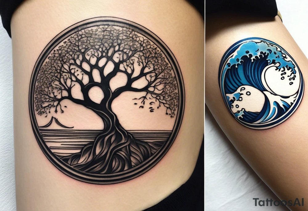 A tattoo of an abstract Tree of life tattoo to be placed on the upper side bicep of a woman. It can wrap around the arm a little. It should have roots growing out of the bottom. The roots slowly turn into water from the great wave by Hokusai. A golf flag should be placed discreetly growing out of the ground. 2 license plate tags should be hanging from the tree. Place a few music notes in the areas the leaves should be. The letters A U should be engraving into the tree trunk in a heart tattoo idea