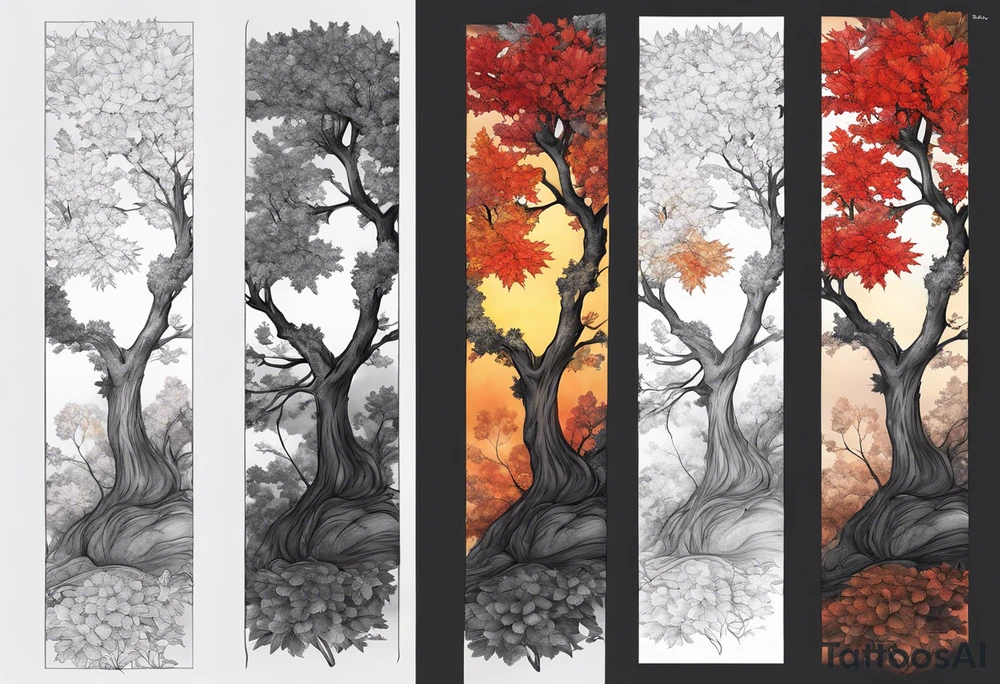 Full arm sleeve. Hikae. A maple tree with red autumn leaves that branches upwards. White-throated dipper bird on the trees branches. Calluna flowers at the base of the trees stem. Tree stem has dark colors. Red/yellow sunset behind the trees stem. Leaves falling. tattoo idea