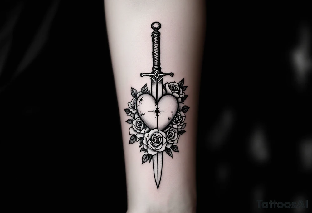 dagger piercing a heart with roses tattoo idea