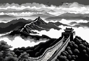 Great Chinese wall, realistic, art, gezeichnet, fine line, black and grey, clouds tattoo idea