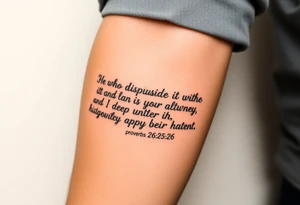 proverbs 26:25-26 He who hates, disguises it with his lips, And lays up deceit within himself,Their hatred may be concealed by deception, but their wickedness will be exposed in the assembly tattoo idea