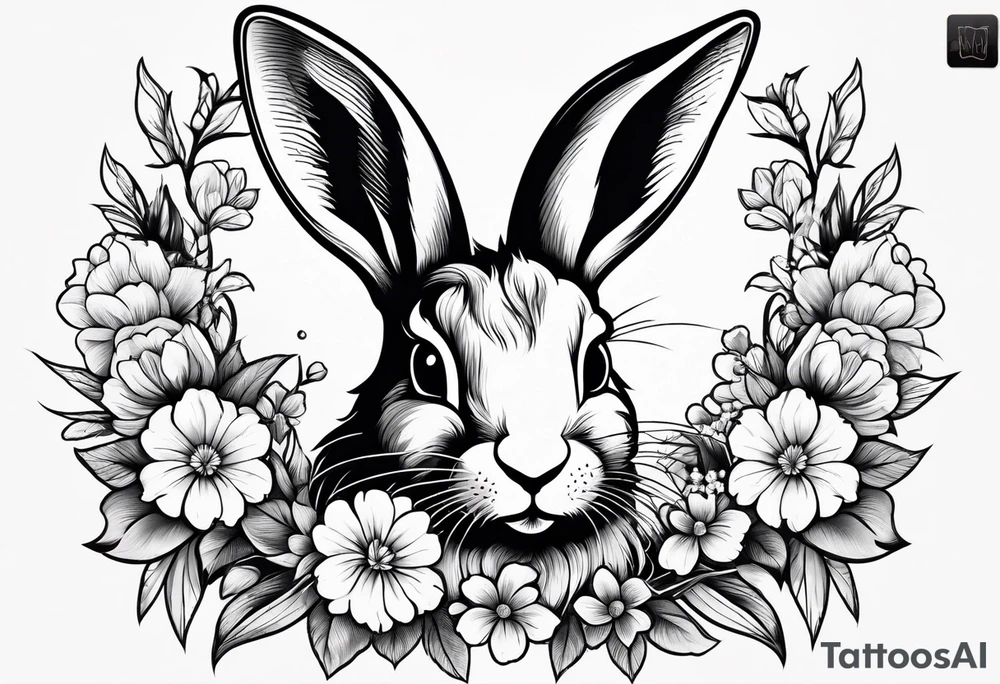 Rabbit head and flowers tattoo idea