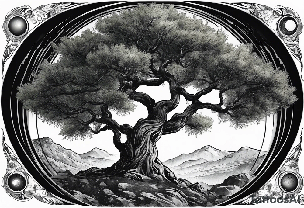 An olive tree in a black hole  with a small Saturn-like planet in in the background. tattoo idea
