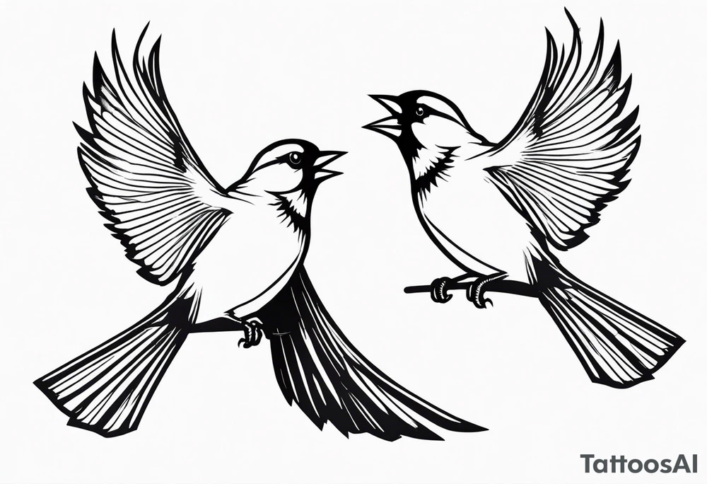 two cardinal birds flying facing eachother one high and one low looking up at the other 
fine line with some shading tattoo idea