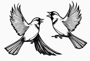 two cardinal birds flying facing eachother one high and one low looking up at the other 
fine line with some shading tattoo idea