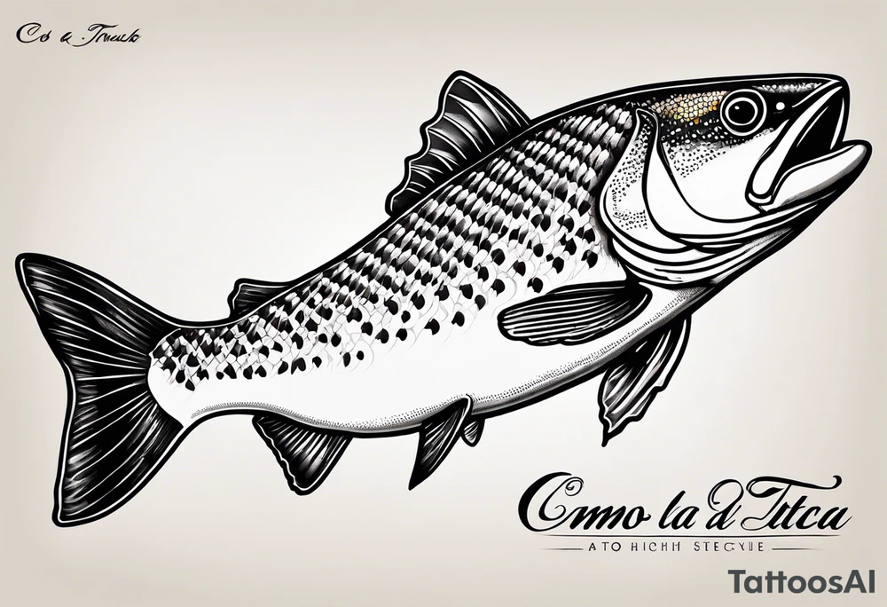 A small tattoo with a shaded trout and text that says, 'Como la trucha...' drawn with fine lines." tattoo idea