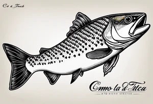 A small tattoo with a shaded trout and text that says, 'Como la trucha...' drawn with fine lines." tattoo idea