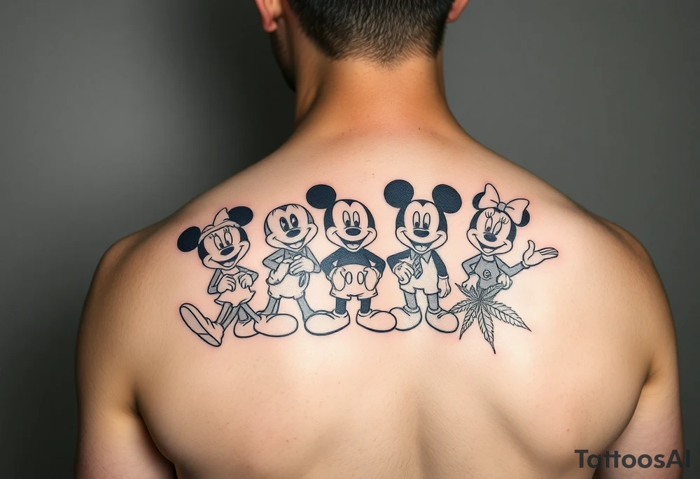 Randomly placed disney characters on an arm posing with marijuana leaves full arm sleeve tattoo idea