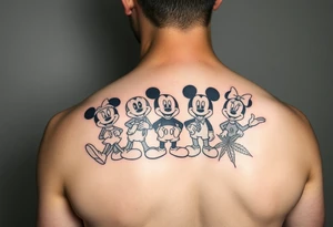 Randomly placed disney characters on an arm posing with marijuana leaves full arm sleeve tattoo idea