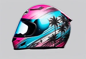 Formula 1 helment with a palm tree and black pink and light blue color tattoo idea