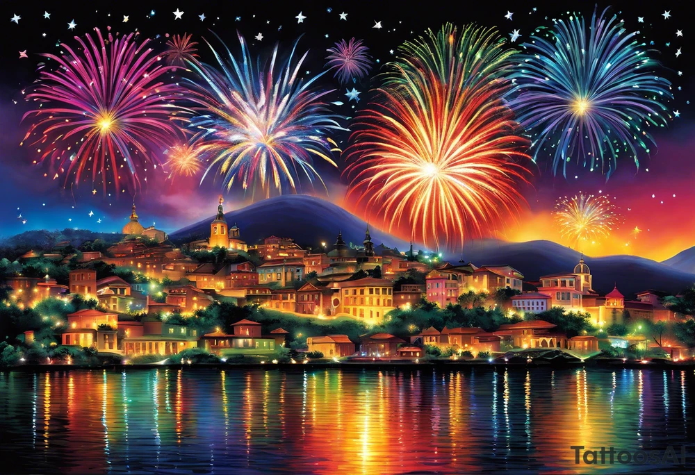 Fireworks burst across the night sky, surrounded by glowing candles and stars, capturing the magic and nostalgia of Colombian December nights. The scene is vibrant with multi-colored lights and an air of celebration. Soft linework mist or halos around the fireworks adds a magical, dreamy quality to the scene. The tattoo reflects joy and tradition, with an emphasis on warmth and festivity. tattoo idea