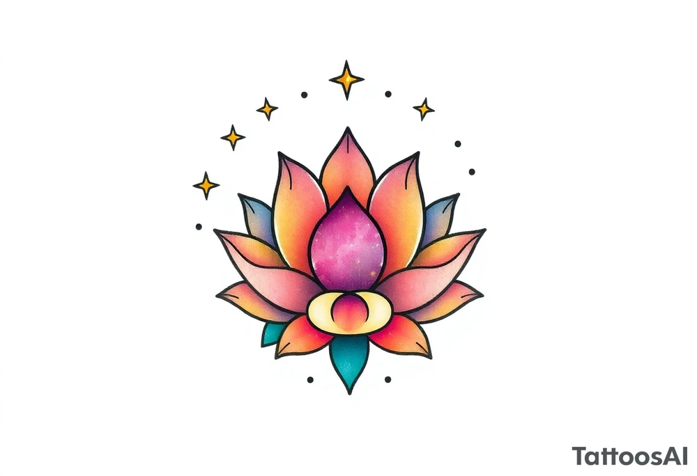 small colorful celestial with lotus flower tattoo idea