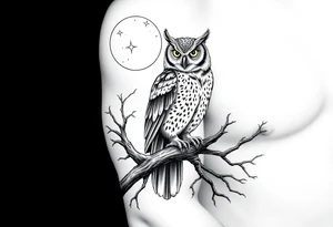 wise owl perched on ancient oak branch under starlit sky tattoo idea