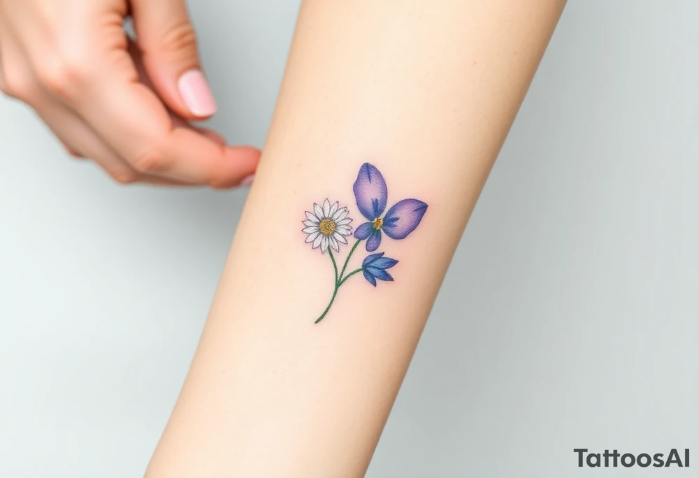 Design a very small (max 2x2 cm) tattoo for the inner wrist that subtly symbolizes lesbian identity. It should be minimal and delicate — possibly fine line or soft color. The design must be discreet yet meaningful, not instantly recognizable as LGBTQ but with layered symbolism, something like the triangle upside down. Think of subtle elements like intertwined female symbols, abstract sapphic references, or a hidden double meaning through nature (e.g. flowers, moons, triangles). Avoid clichés or bold pride imagery. Keep it elegant, wearable, and intimate. Add a daisy and a violet tattoo idea
