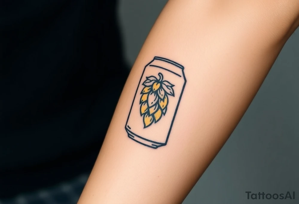 A minimalist black and gold beer can design, with vintage typography and a hop emblem, capturing a sleek and modern aesthetic tattoo idea