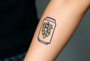 A minimalist black and gold beer can design, with vintage typography and a hop emblem, capturing a sleek and modern aesthetic tattoo idea