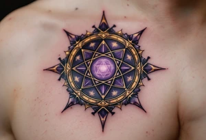 A dark violet magic circle with golden protective markings and layered spell rings. tattoo idea
