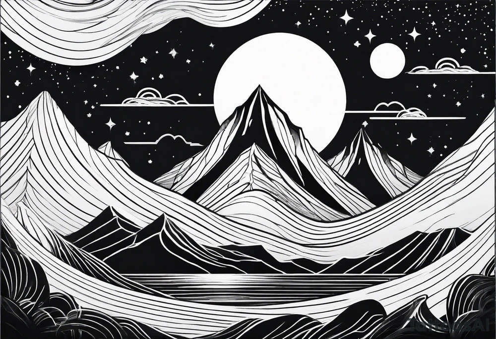 line art mountain vs space with waves tattoo idea