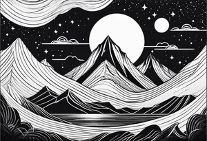 line art mountain vs space with waves tattoo idea