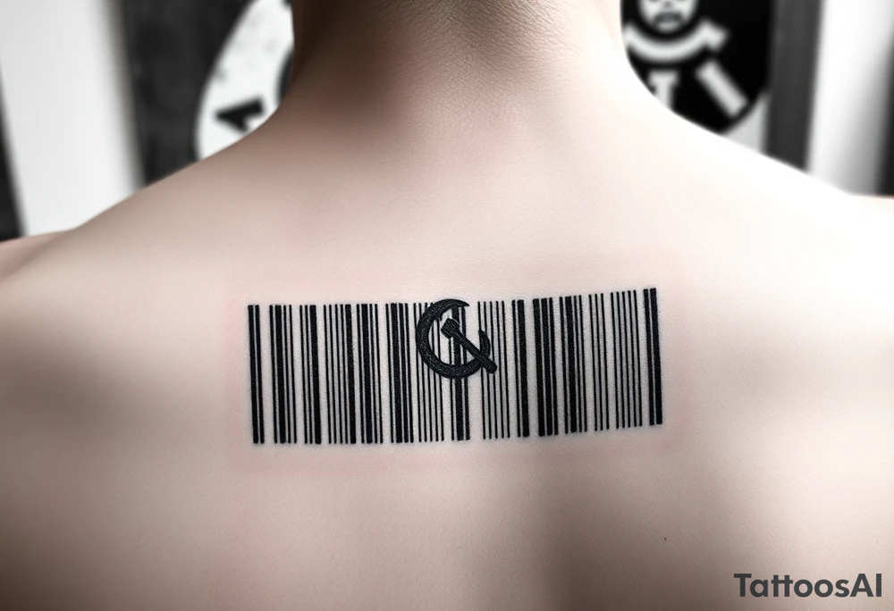 "Microrealism tattoo: barcode made of tiny hammers and sickles. Looks normal from afar, reveals details up close. 1cm height, forearm length." tattoo idea