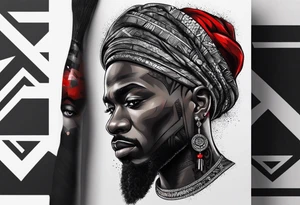 homem divindade africano realista em preto e cinza com os olhos vermelhos. Fundo da imagem com tons vermelhos. braço tattoo idea