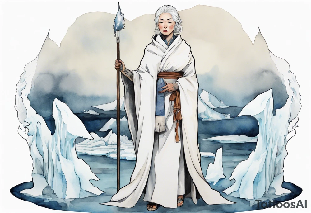 a 40 year old Inuit woman with white hair and a white robe holding a silver and white staff, standing on an iceberg tattoo idea