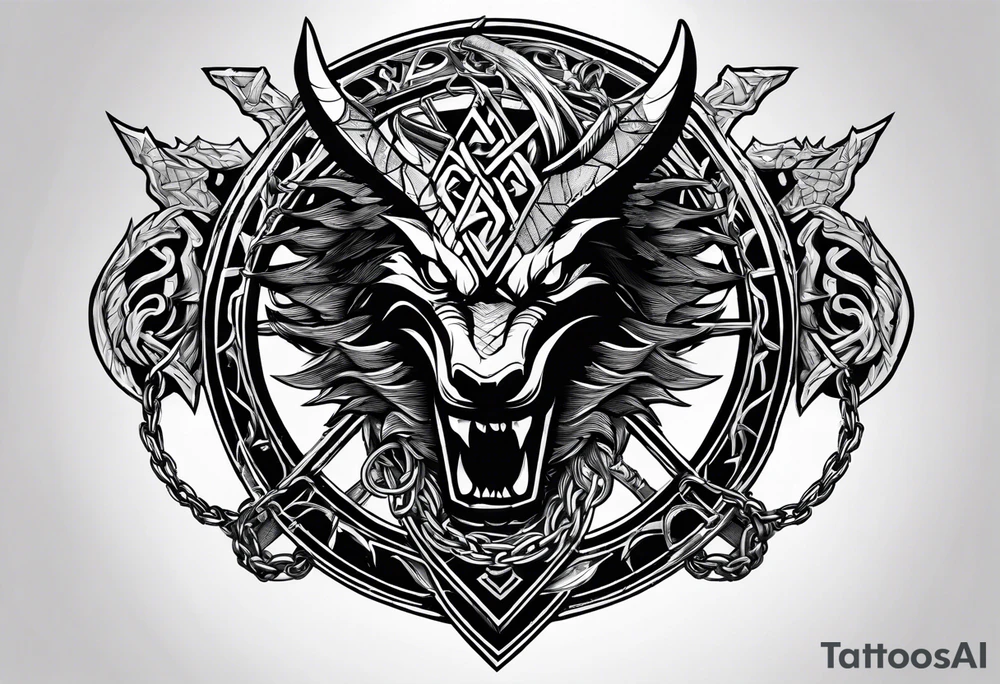 Valhalla sword shield dragon axe Valknut barbed wire chains fire tattoo idea Valhalla sword shield dragon axe Valknut barbed wire chains fire tattoo idea