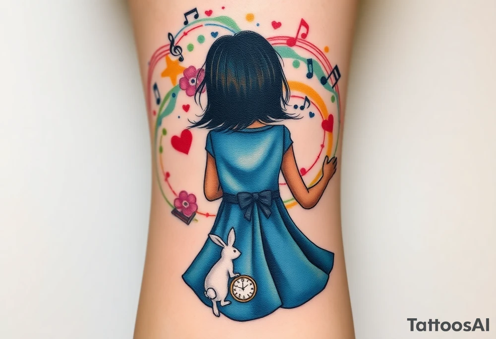 Back view of the silhouette of a girl in a blue dress. She is following a small white rabbit towards a colorful swirl with music notes, books, and flowers. A pocket watch is at the end of the swirl. tattoo idea