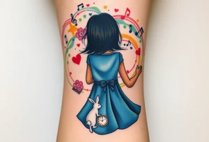 Back view of the silhouette of a girl in a blue dress. She is following a small white rabbit towards a colorful swirl with music notes, books, and flowers. A pocket watch is at the end of the swirl. tattoo idea