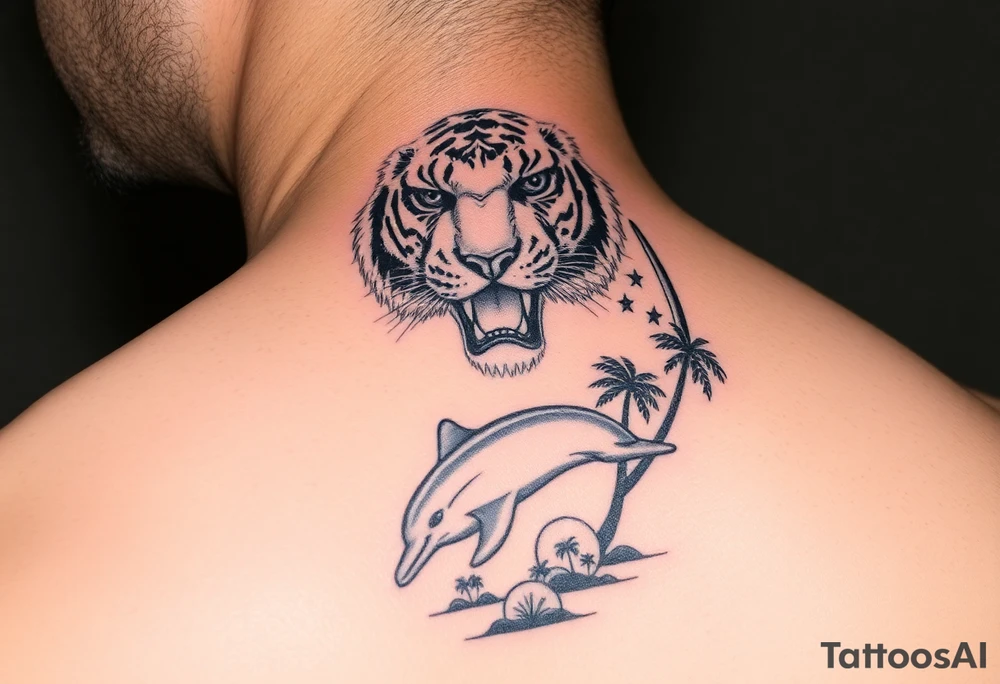 fierce tiger emerging through the trees with a jumping dolphin and palm trees underneath it tattoo idea