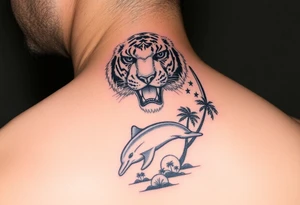 fierce tiger emerging through the trees with a jumping dolphin and palm trees underneath it tattoo idea