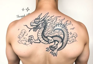 fierce dragon breathing iridescent fire against stormy skies tattoo idea