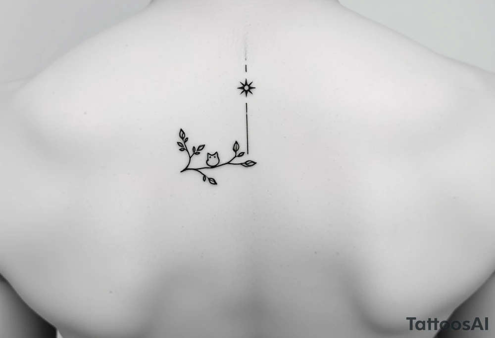 Tatouage minimaliste fine line noir, placement intérieur de l'avant-bras. Composition verticale élégante et discrète. Un petit sablier géométrique représente "Memento Mori". Une branche fine porte cinq petites feuilles symbolisant un homme, une femme, une fille et deux chats. Au-dessus de la branche, une étoile solitaire représente un enfant disparu mais toujours présent. Une légère fissure réparée dans la ligne centrale symbolise la résilience. Style épuré, intemporel, spirituel, lignes fines, peu d'encre, aucun remplissage noir massif, design harmonieux et émotionnel. tattoo idea