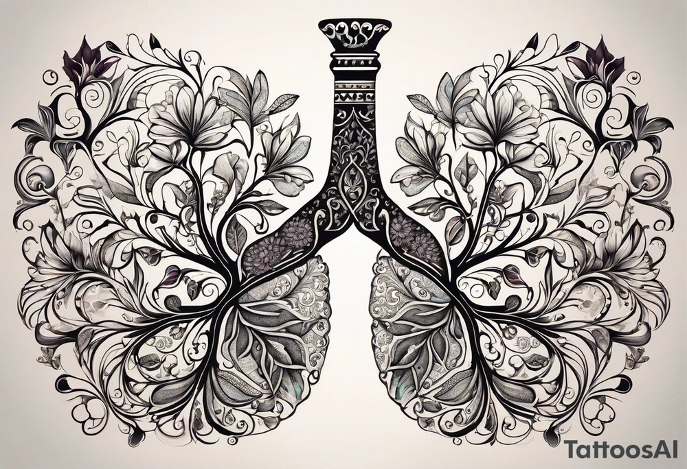 intricate and artistic arrangement of flowers and ornamental patterns that come together to form the shape of human lungs. The design should have a balance of delicacy and detail, with vibrant floral elements seamlessly intertwining to mimic the structure of the lungs, including the bronchi branching into floral motifs. Incorporate subtle shading and depth to give the tattoo a dynamic and organic feel, while maintaining elegance and symmetry, embraced by an octopus and butterflies flying around tattoo idea