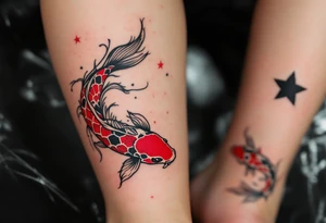 Two red and black koi fish swimming in a circle, the first tattoo larger on the calf, and the second smaller on the ankle. tattoo idea